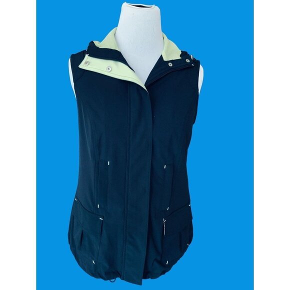 ZENERGY CHICO'S LADIES NAVY GREEN SLEEVELESS HOODED SNAP ZIP POCKETS VEST EUC S - Picture 8 of 9